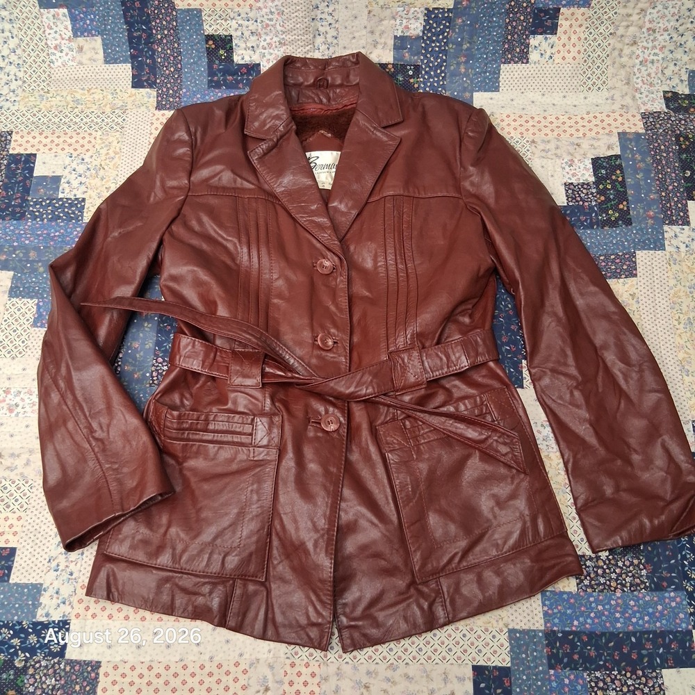 Vintage 70s Bermans Leather Jacket Womens Small Burgundy Belted Removable Liner